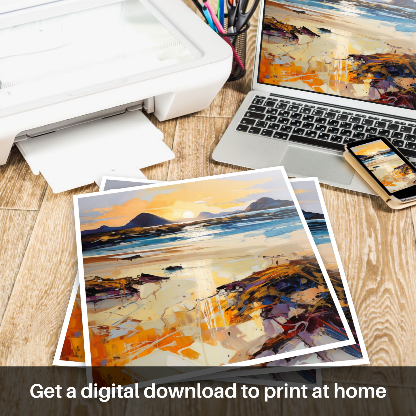 Downloadable and printable picture of Mellon Udrigle Beach at golden hour