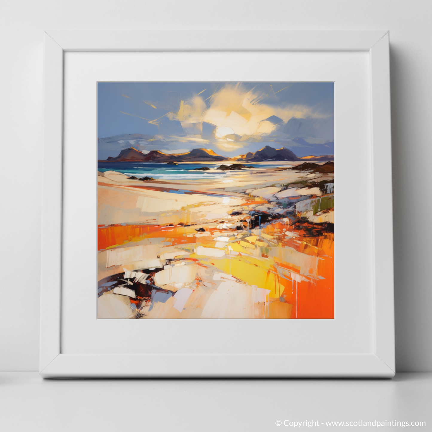Art Print of Mellon Udrigle Beach at golden hour with a white frame