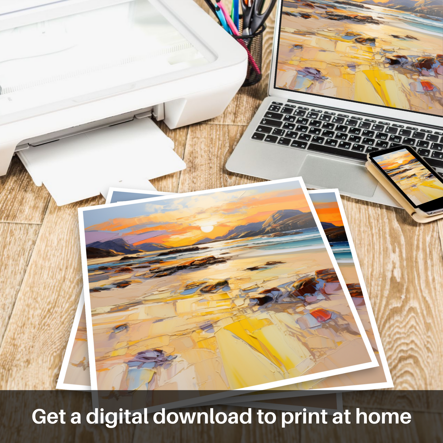 Painting and Art Print of Mellon Udrigle Beach at golden hour. Golden Hour Symphony at Mellon Udrigle Beach.