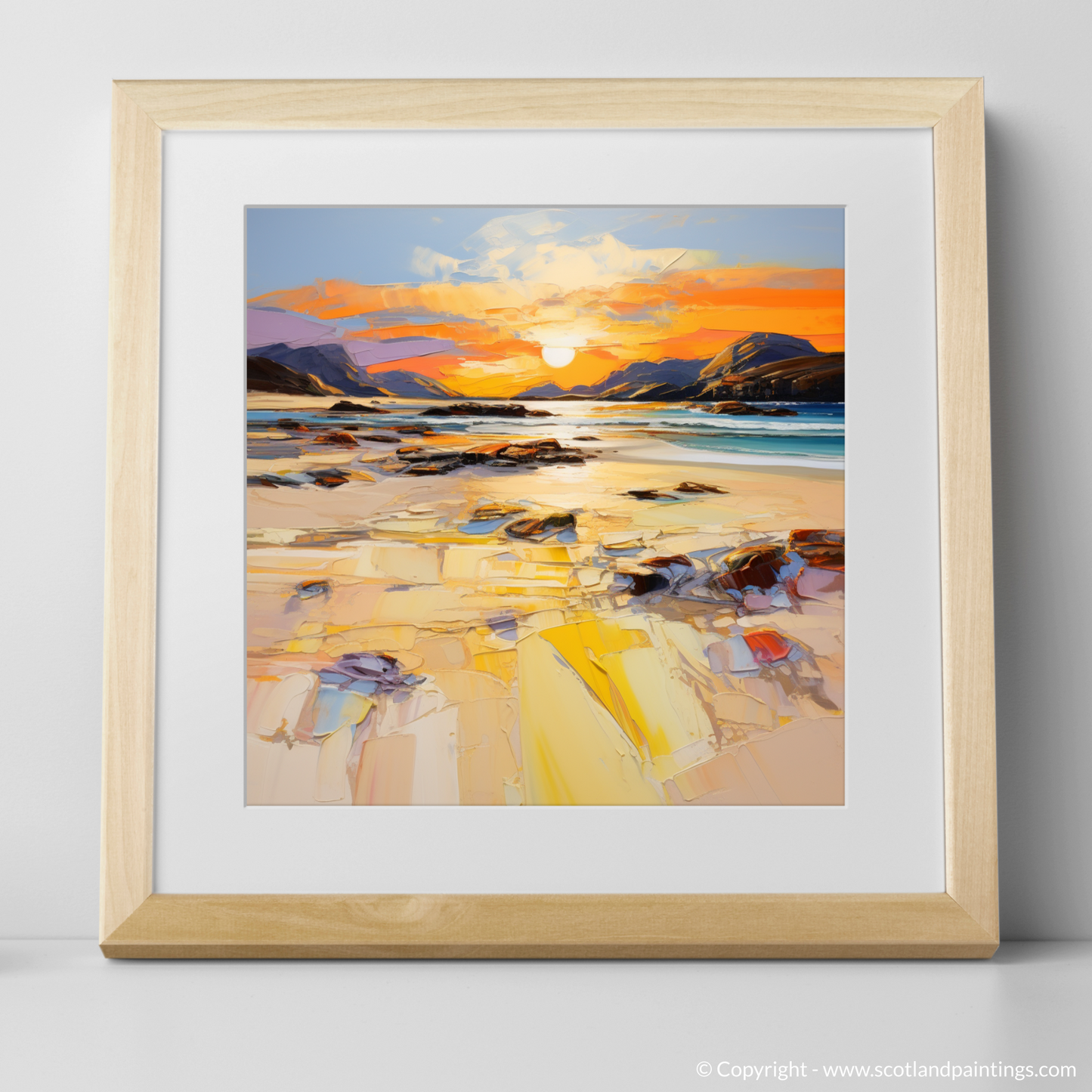 Painting and Art Print of Mellon Udrigle Beach at golden hour. Golden Hour Symphony at Mellon Udrigle Beach.