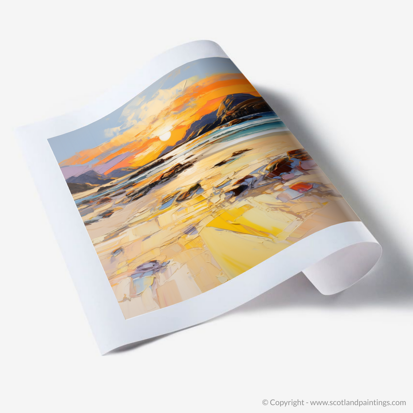 Painting and Art Print of Mellon Udrigle Beach at golden hour. Golden Hour Symphony at Mellon Udrigle Beach.