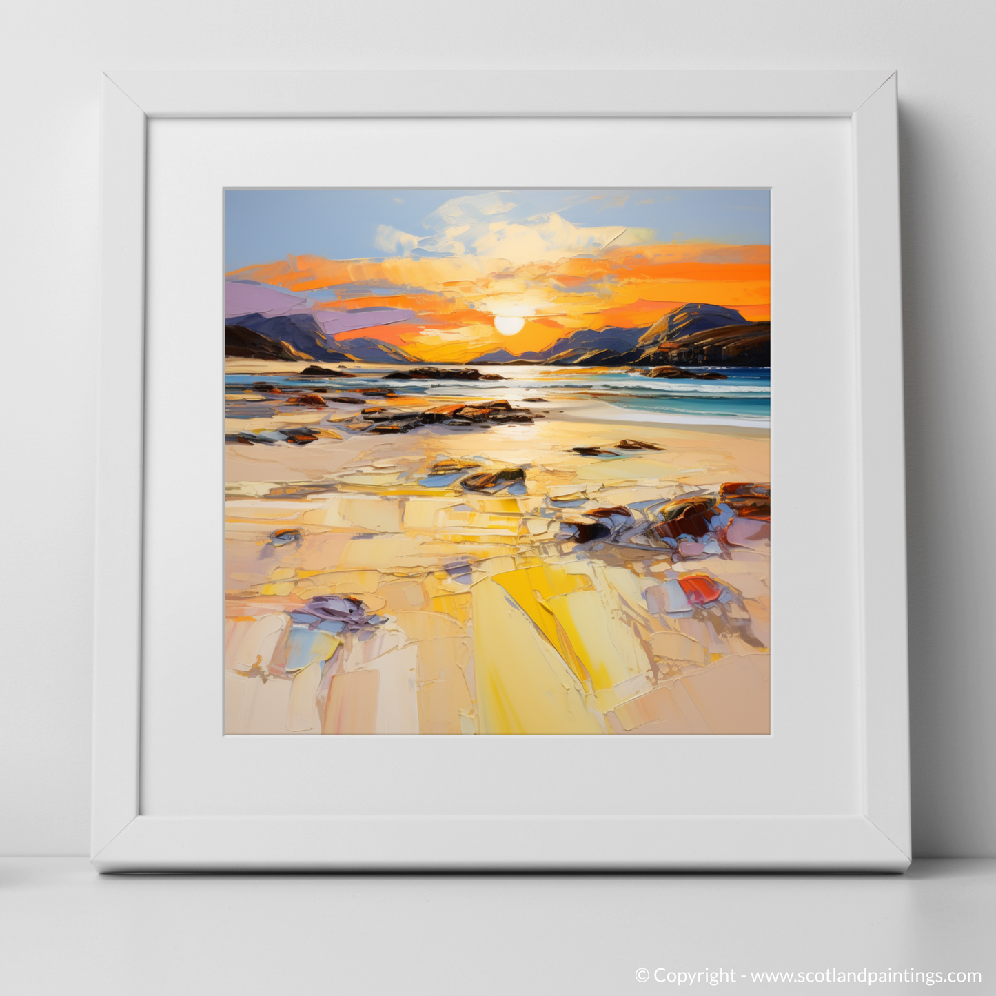 Painting and Art Print of Mellon Udrigle Beach at golden hour. Golden Hour Symphony at Mellon Udrigle Beach.