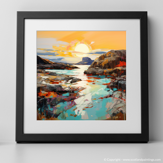 Art Print of Achmelvich Bay at golden hour with a black frame