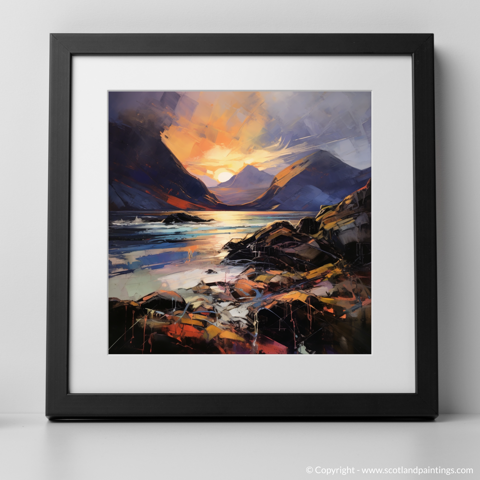 Art Print of Elgol Bay at sunset with a black frame
