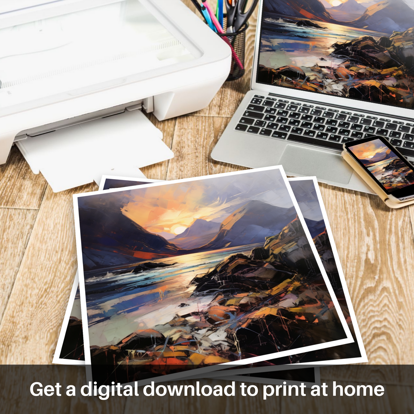 Downloadable and printable picture of Elgol Bay at sunset