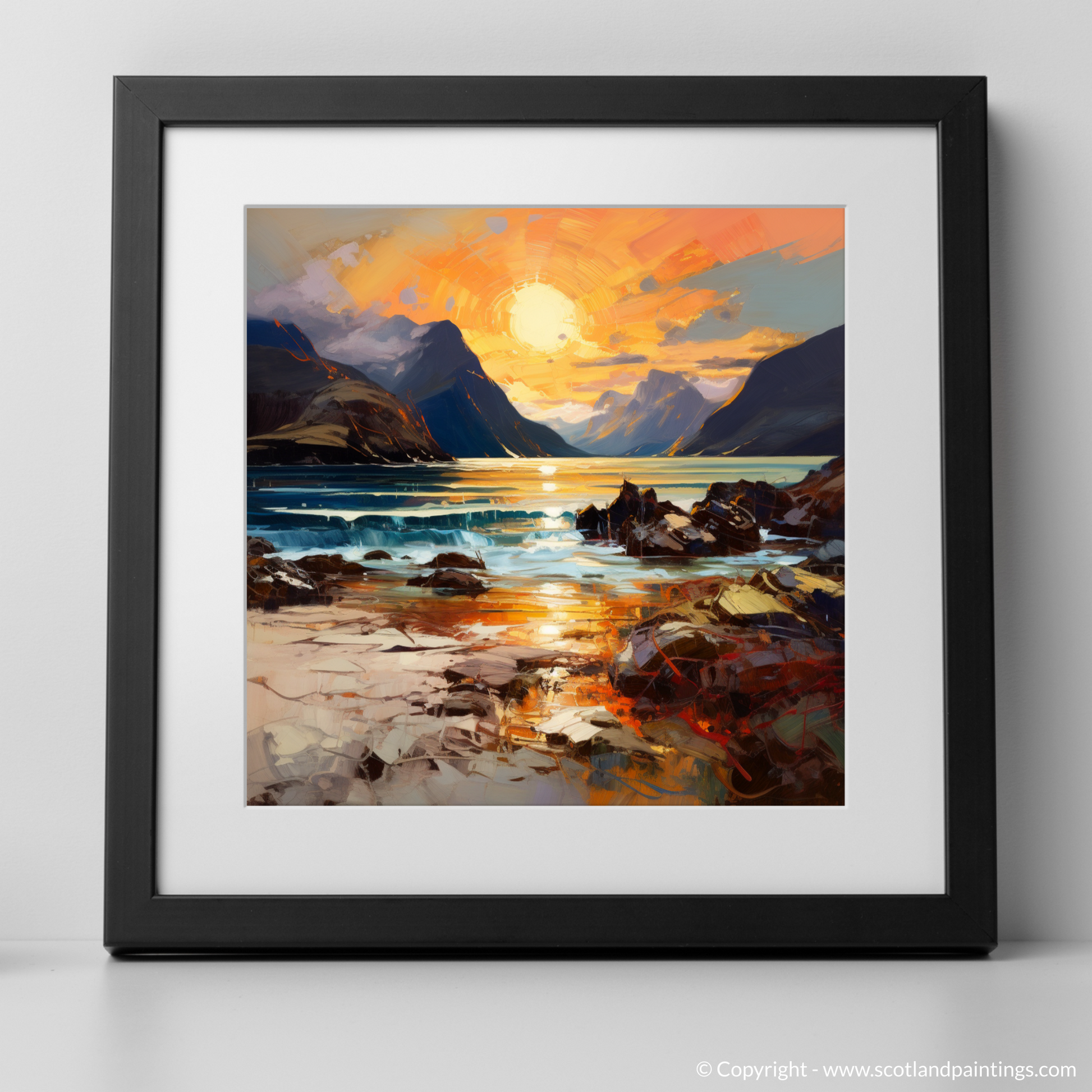 Art Print of Elgol Bay at sunset with a black frame