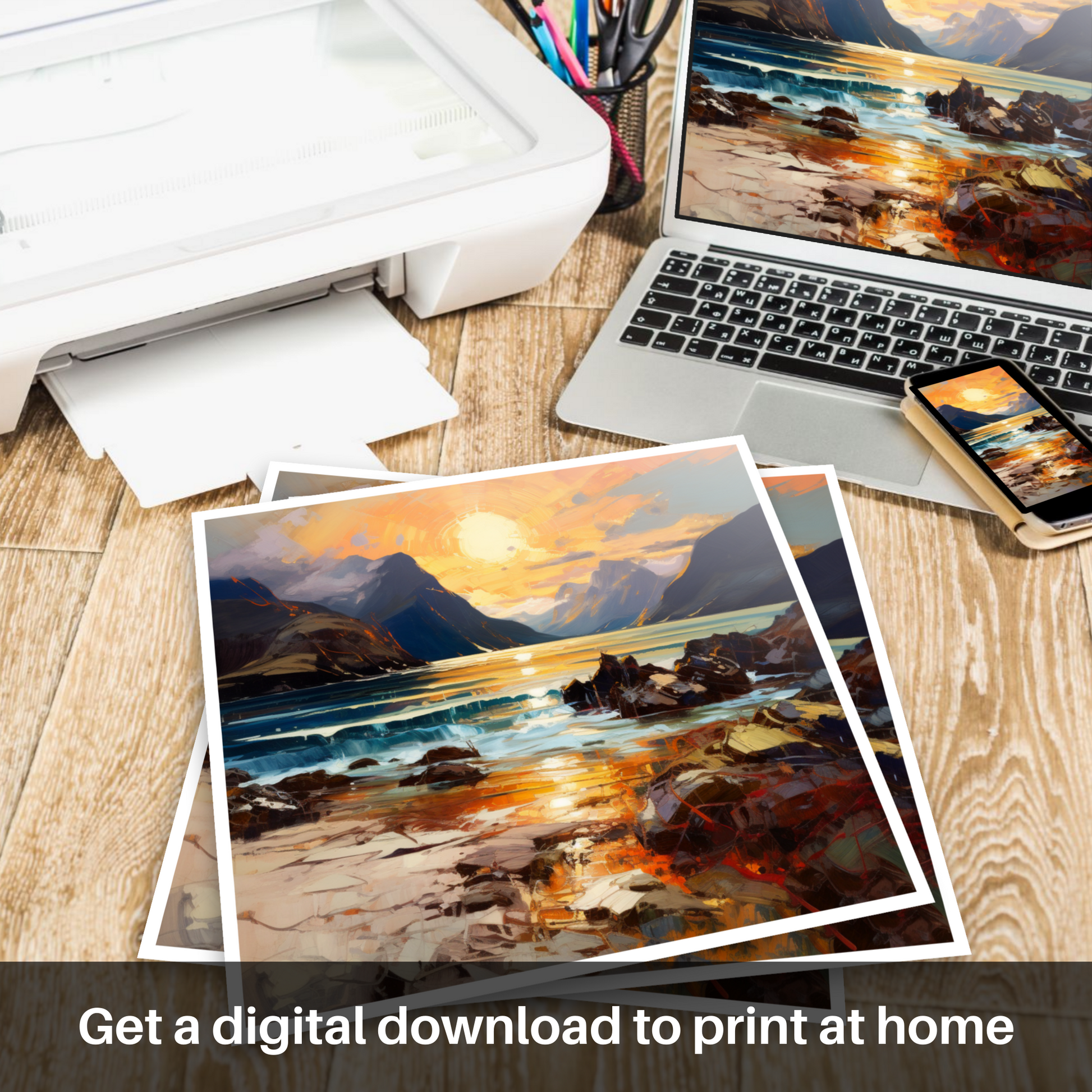 Downloadable and printable picture of Elgol Bay at sunset
