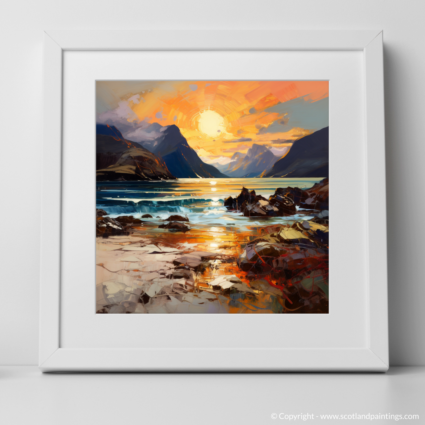 Art Print of Elgol Bay at sunset with a white frame