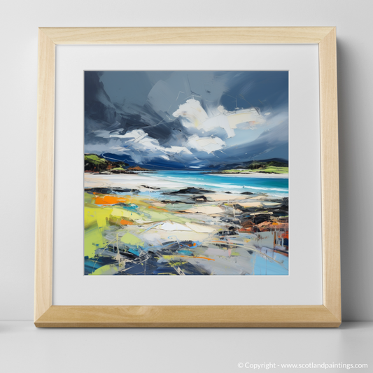 Art Print of Arisaig Beach with a stormy sky with a natural frame