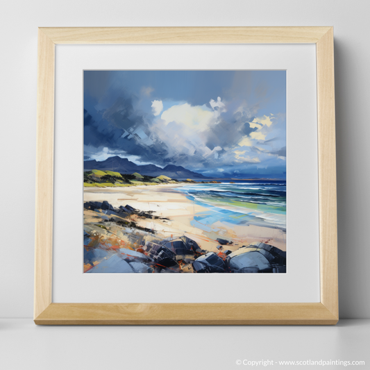 Art Print of Arisaig Beach with a stormy sky with a natural frame