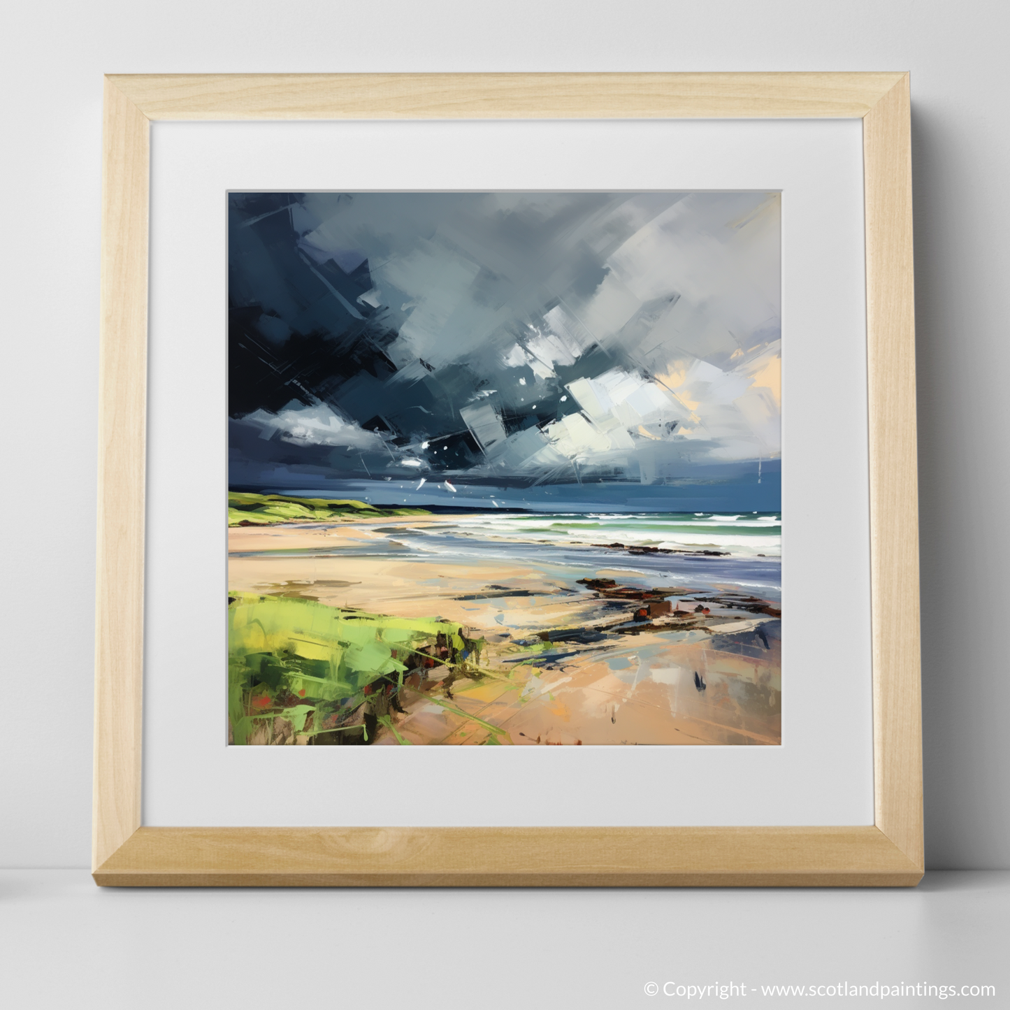 Painting and Art Print of Gullane Beach with a stormy sky. Storm's Embrace: An Expressionist Ode to Gullane Beach.