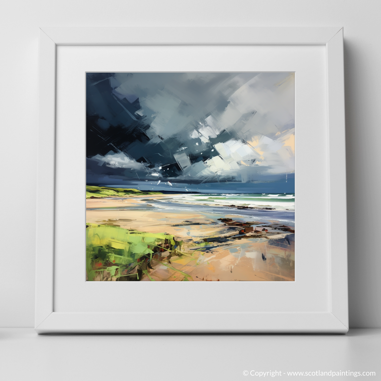 Painting and Art Print of Gullane Beach with a stormy sky. Storm's Embrace: An Expressionist Ode to Gullane Beach.