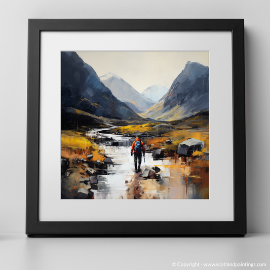 Art Print of Walker crossing River Coe in Glencoe with a black frame