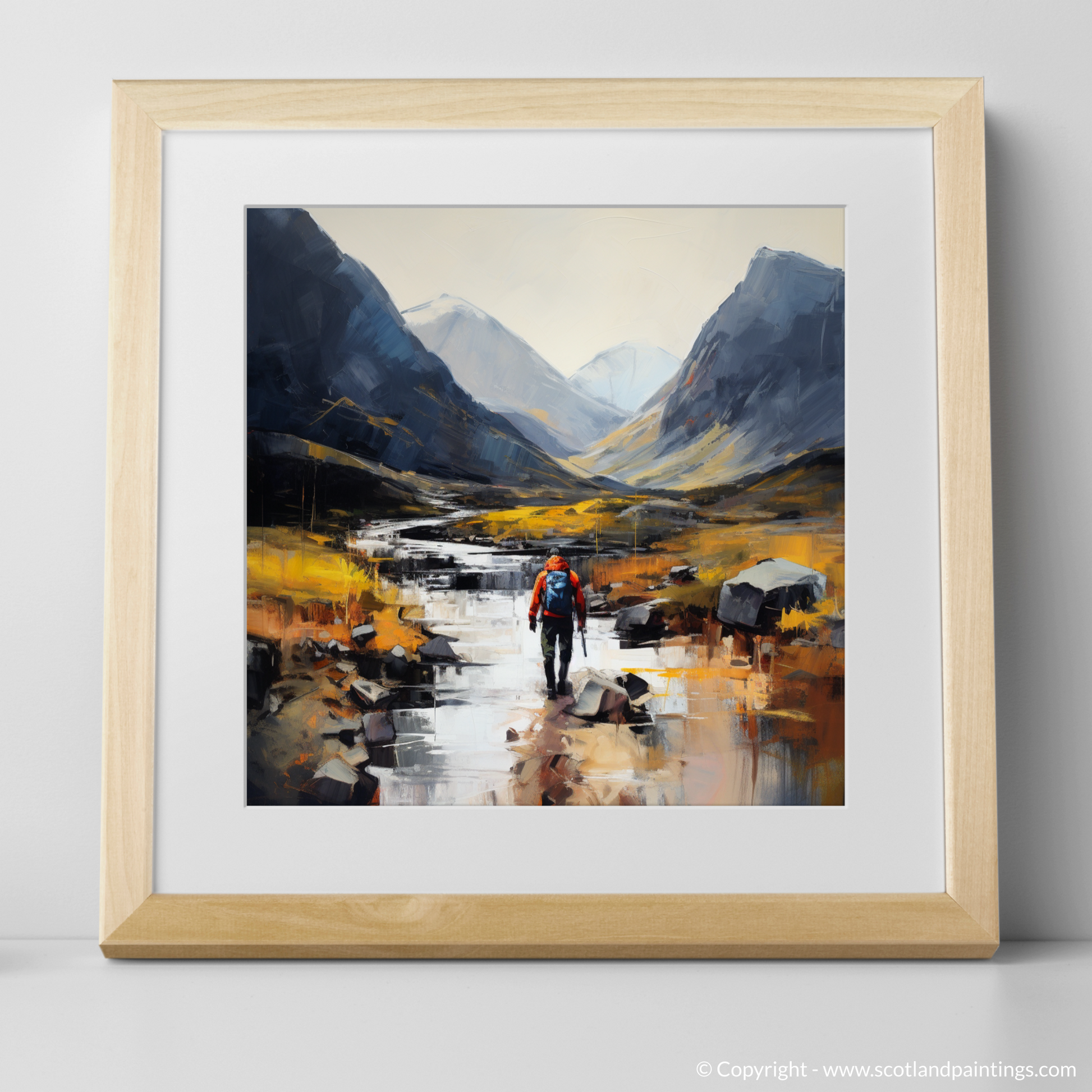 Art Print of Walker crossing River Coe in Glencoe with a natural frame