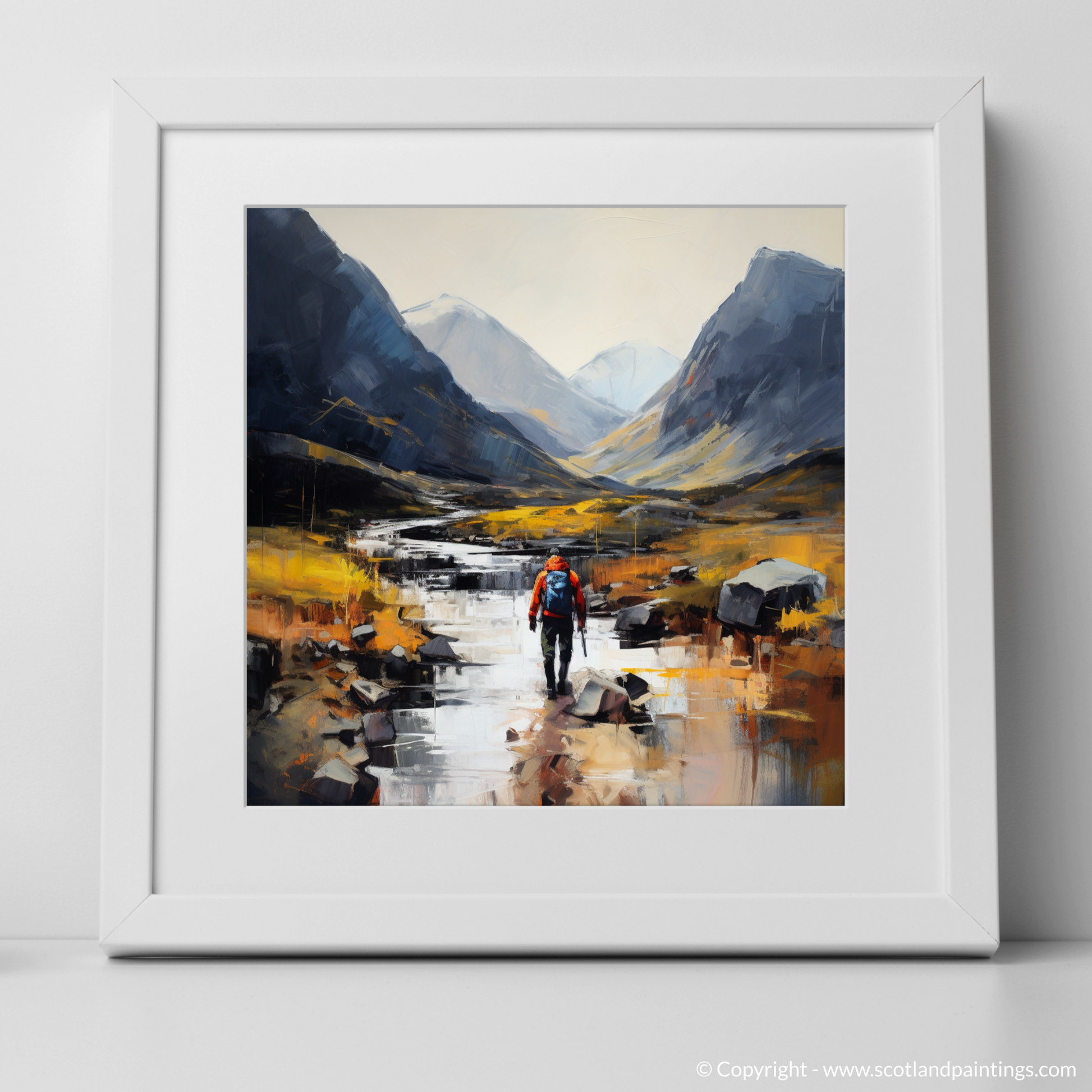 Art Print of Walker crossing River Coe in Glencoe with a white frame