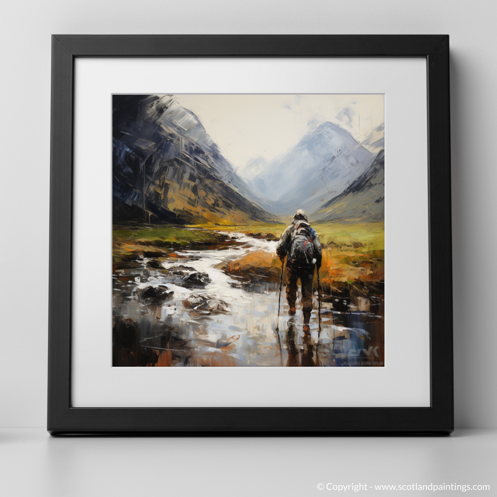 Art Print of Walker crossing River Coe in Glencoe with a black frame