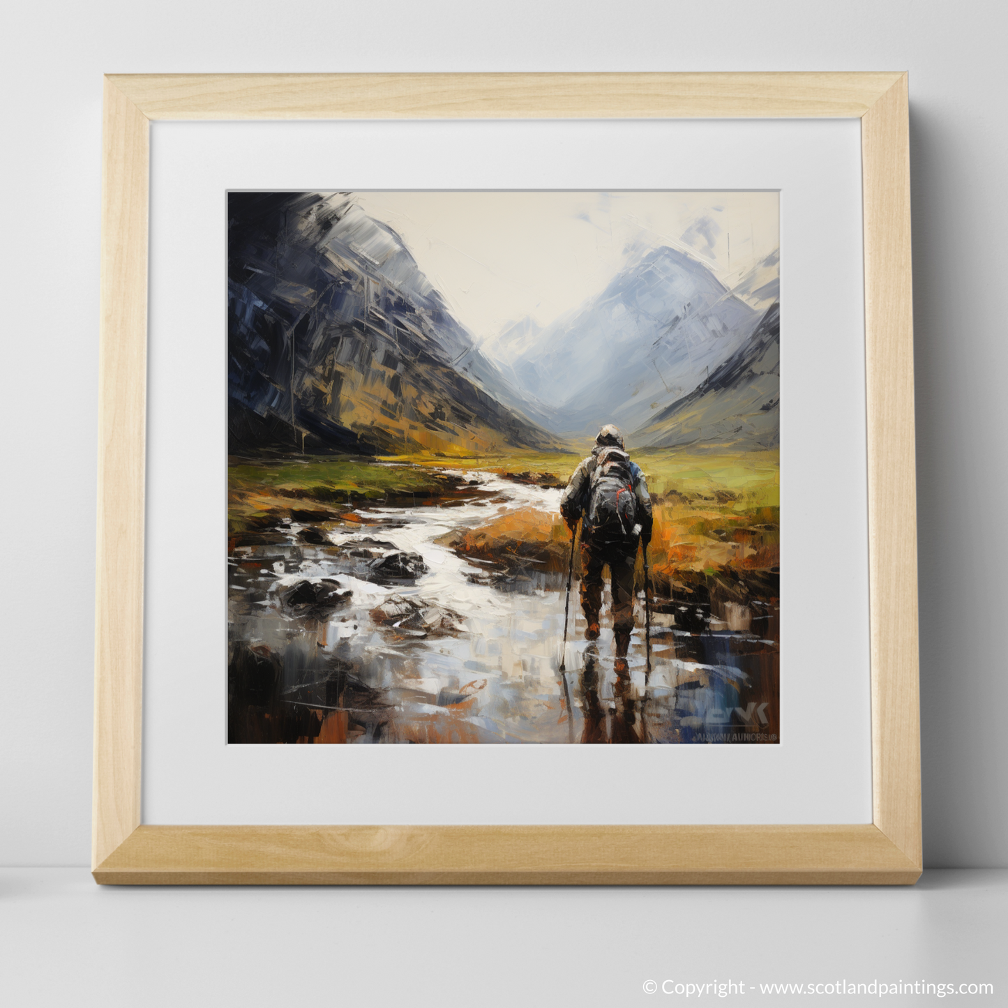 Art Print of Walker crossing River Coe in Glencoe with a natural frame