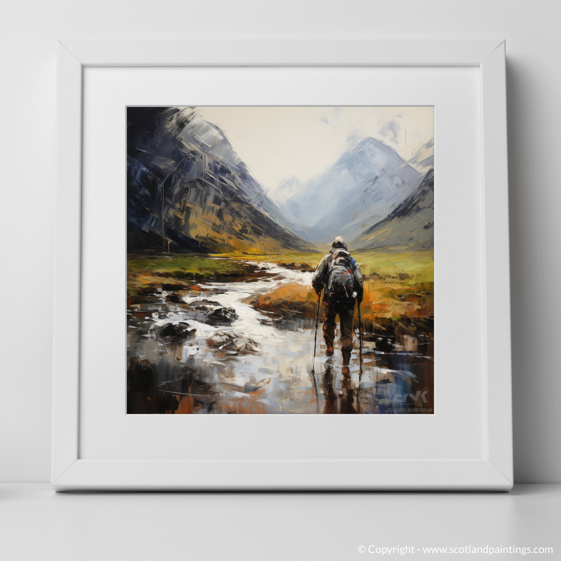 Art Print of Walker crossing River Coe in Glencoe with a white frame