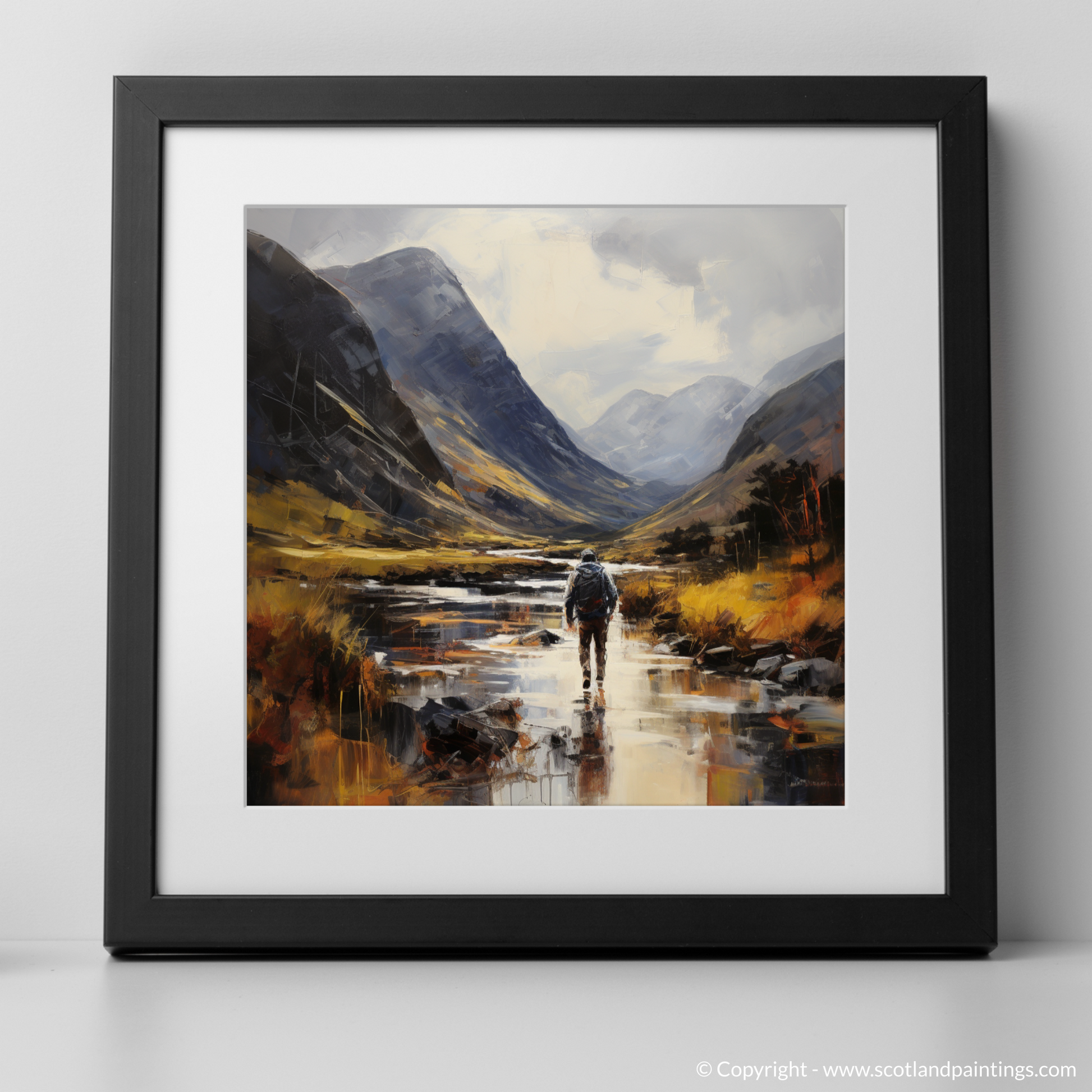 Art Print of Walker crossing River Coe in Glencoe with a black frame