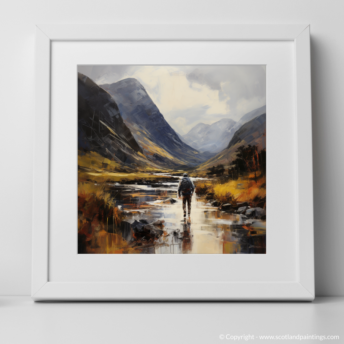 Art Print of Walker crossing River Coe in Glencoe with a white frame