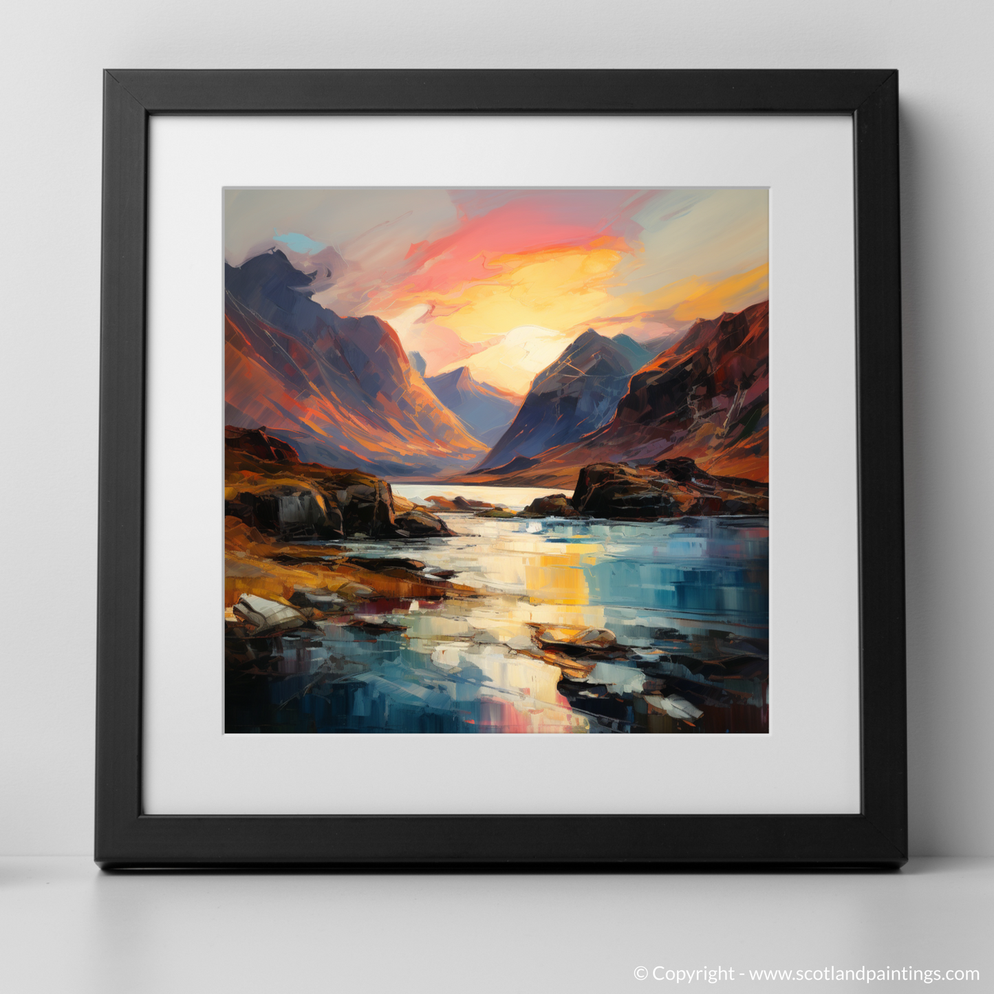 Art Print of Loch Coruisk at sunset with a black frame