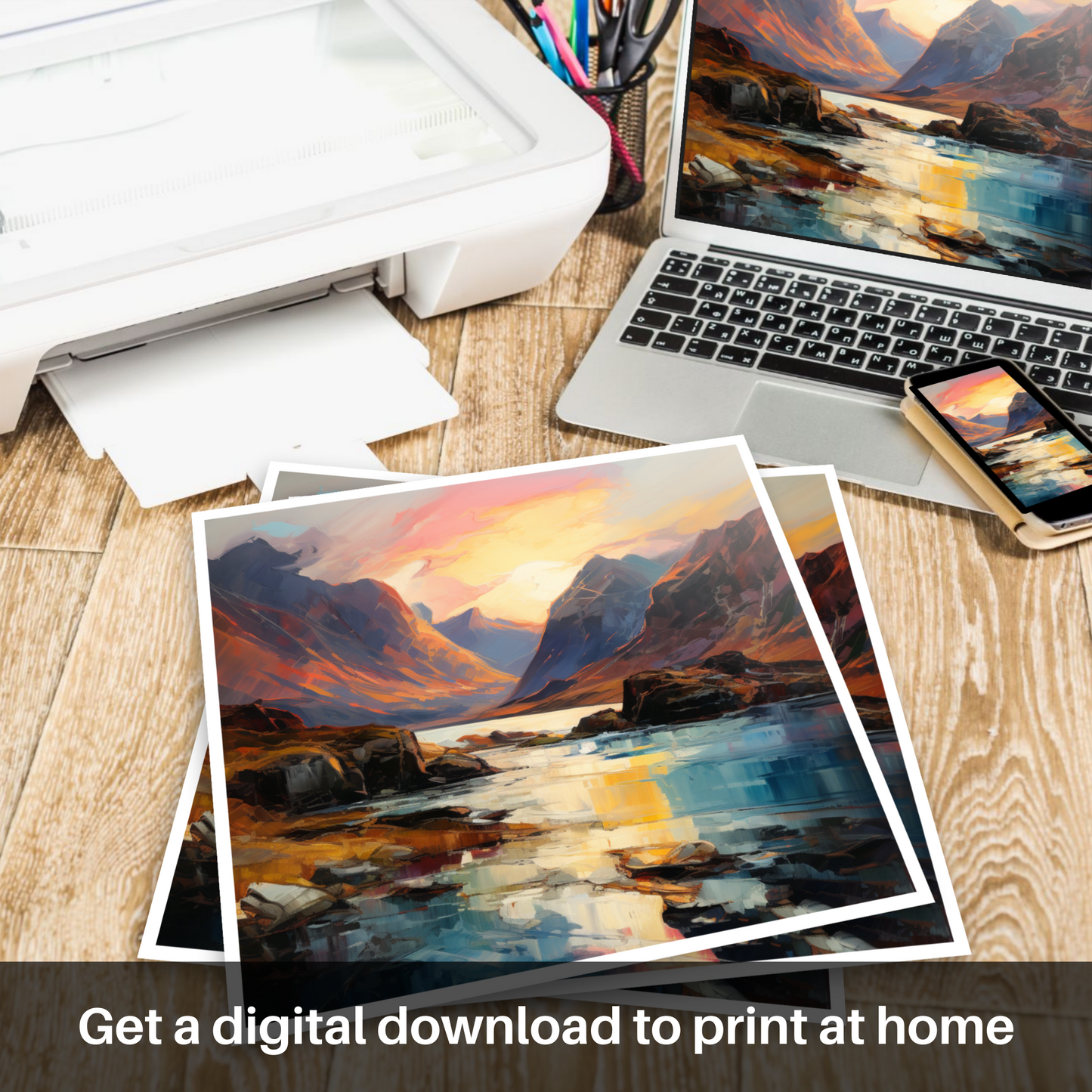 Downloadable and printable picture of Loch Coruisk at sunset