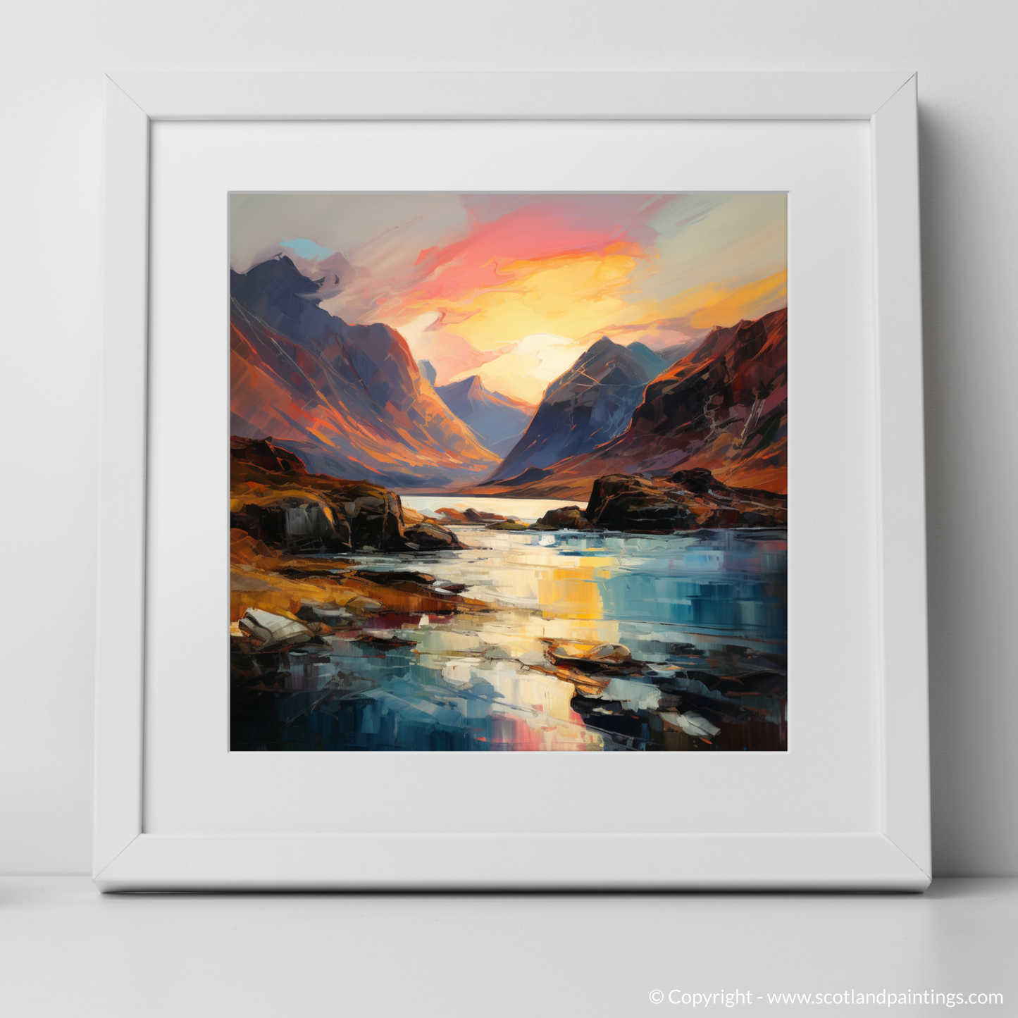 Art Print of Loch Coruisk at sunset with a white frame