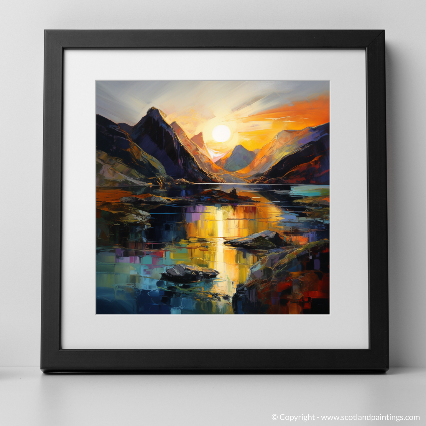 Art Print of Loch Coruisk at sunset with a black frame