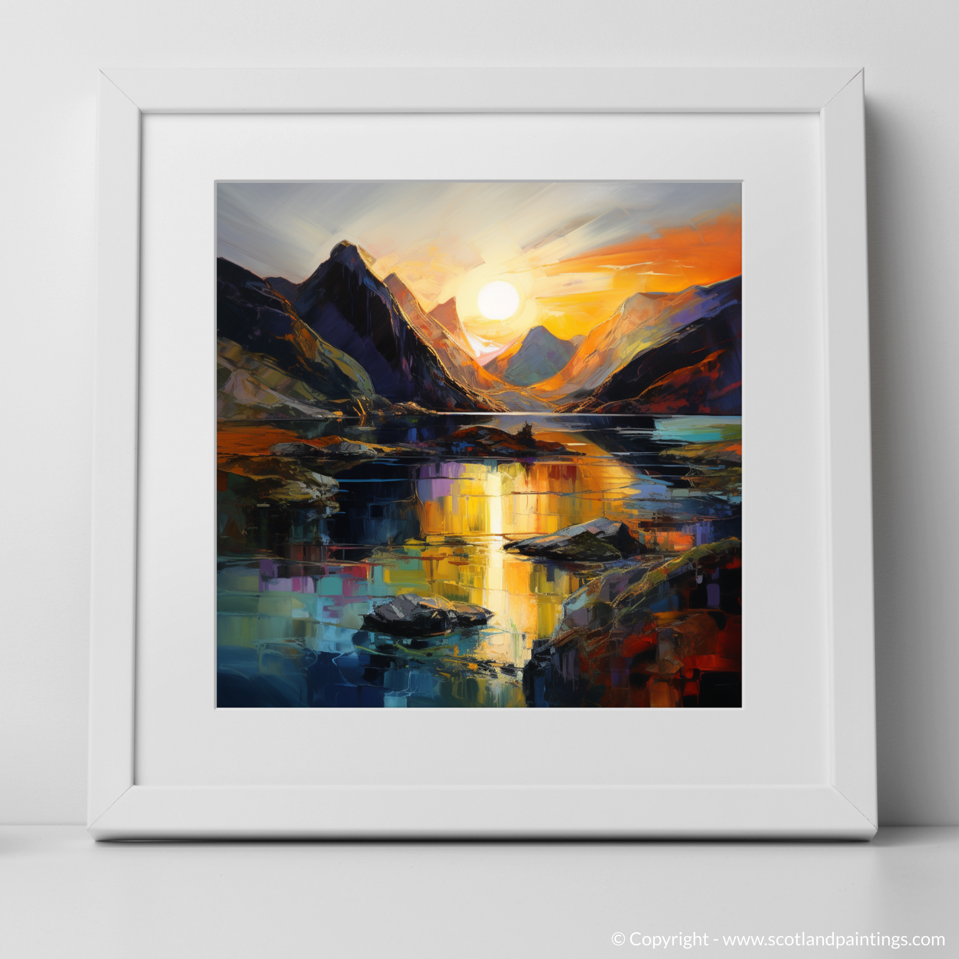 Art Print of Loch Coruisk at sunset with a white frame