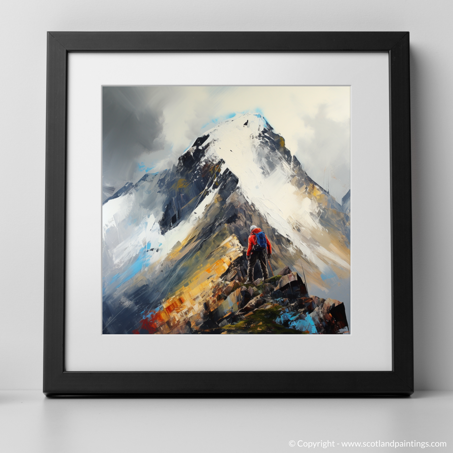 Art Print of Climber ascending misty peak in Glencoe with a black frame