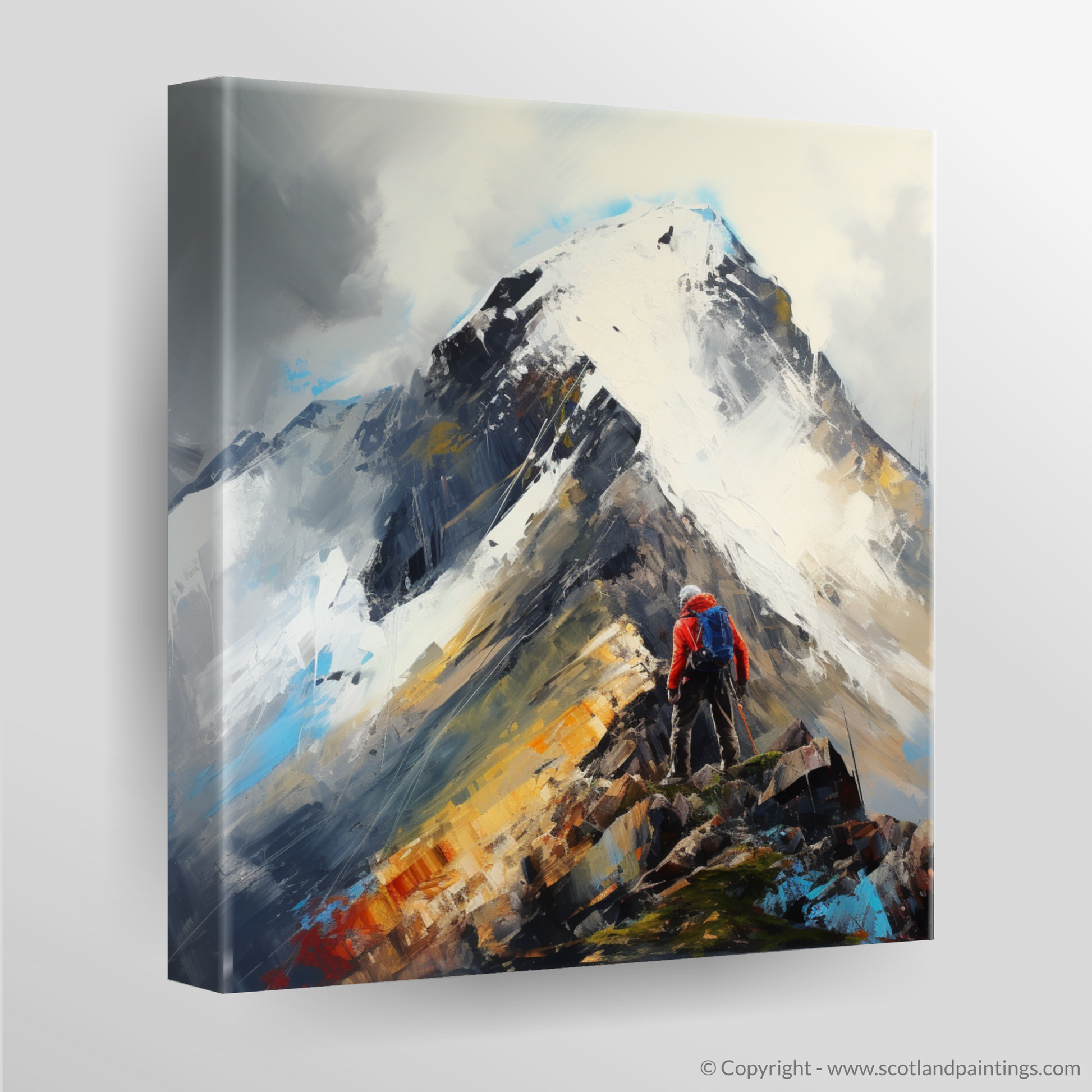 Canvas Print of Climber ascending misty peak in Glencoe