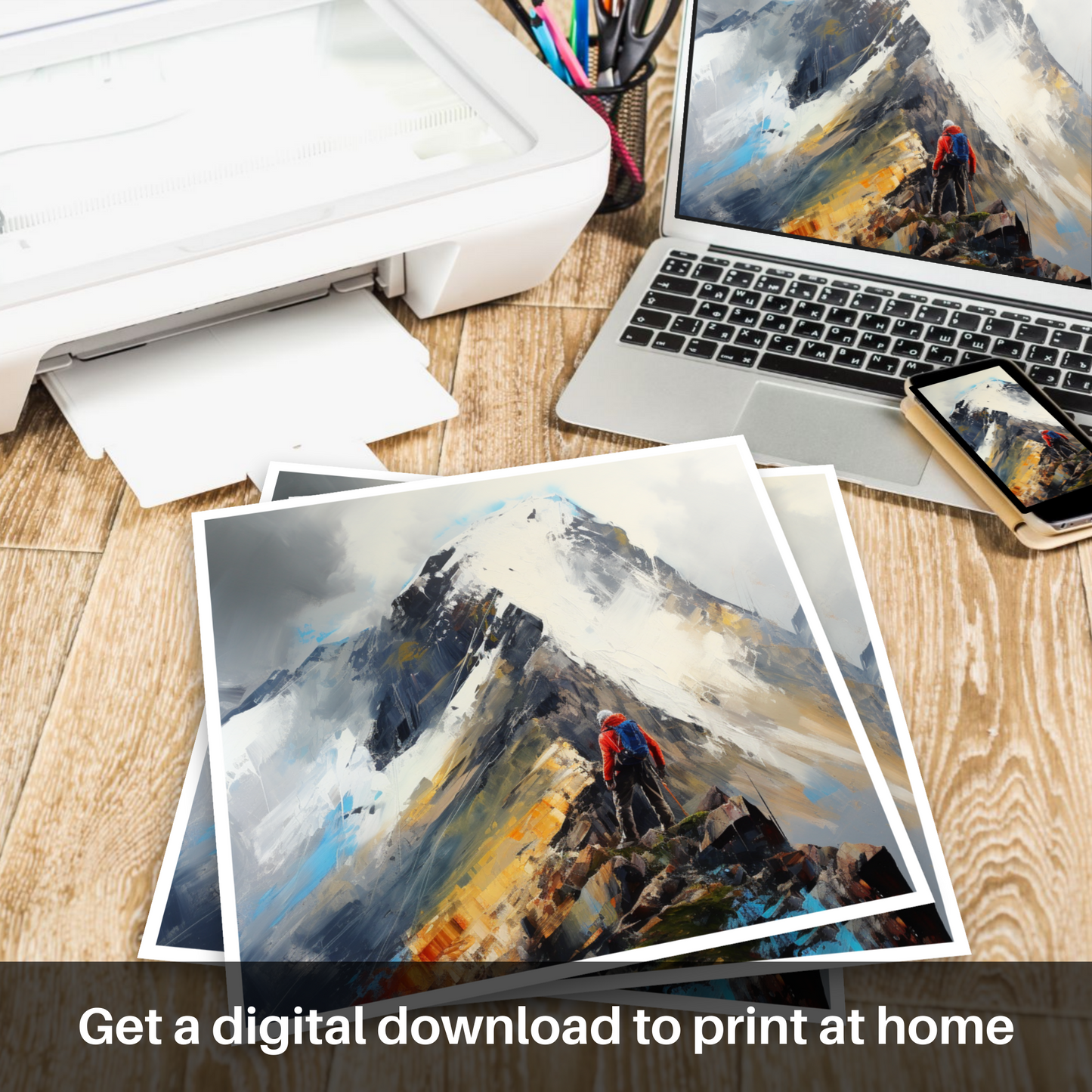 Downloadable and printable picture of Climber ascending misty peak in Glencoe