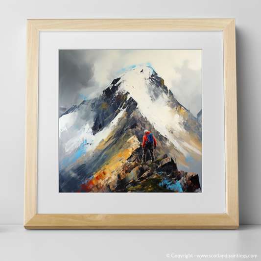 Art Print of Climber ascending misty peak in Glencoe with a natural frame