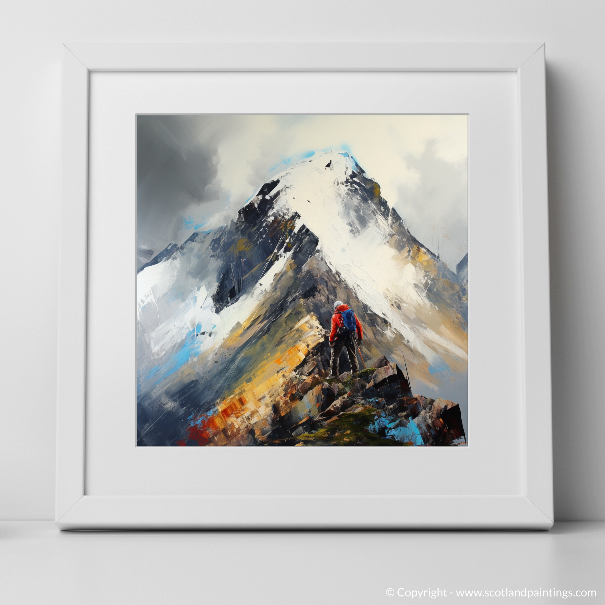 Art Print of Climber ascending misty peak in Glencoe with a white frame