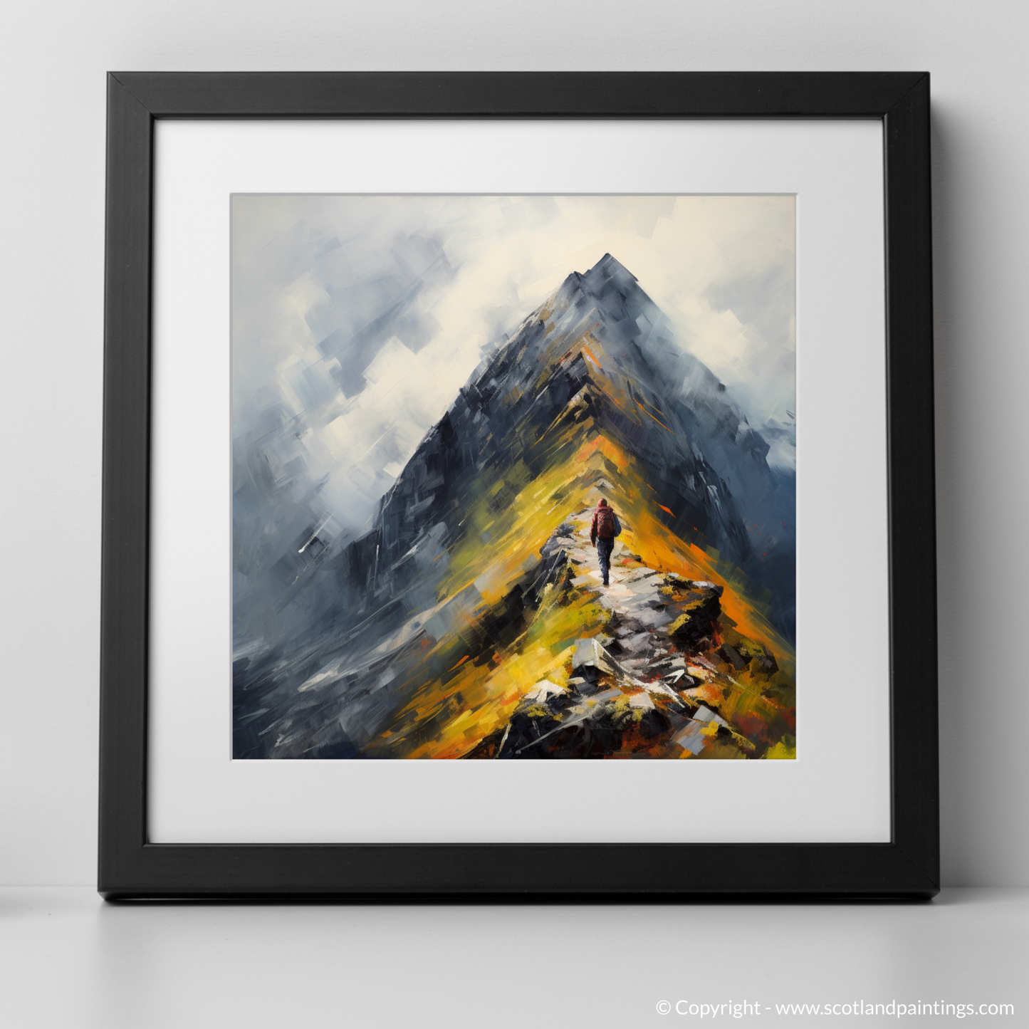 Art Print of Climber ascending misty peak in Glencoe with a black frame