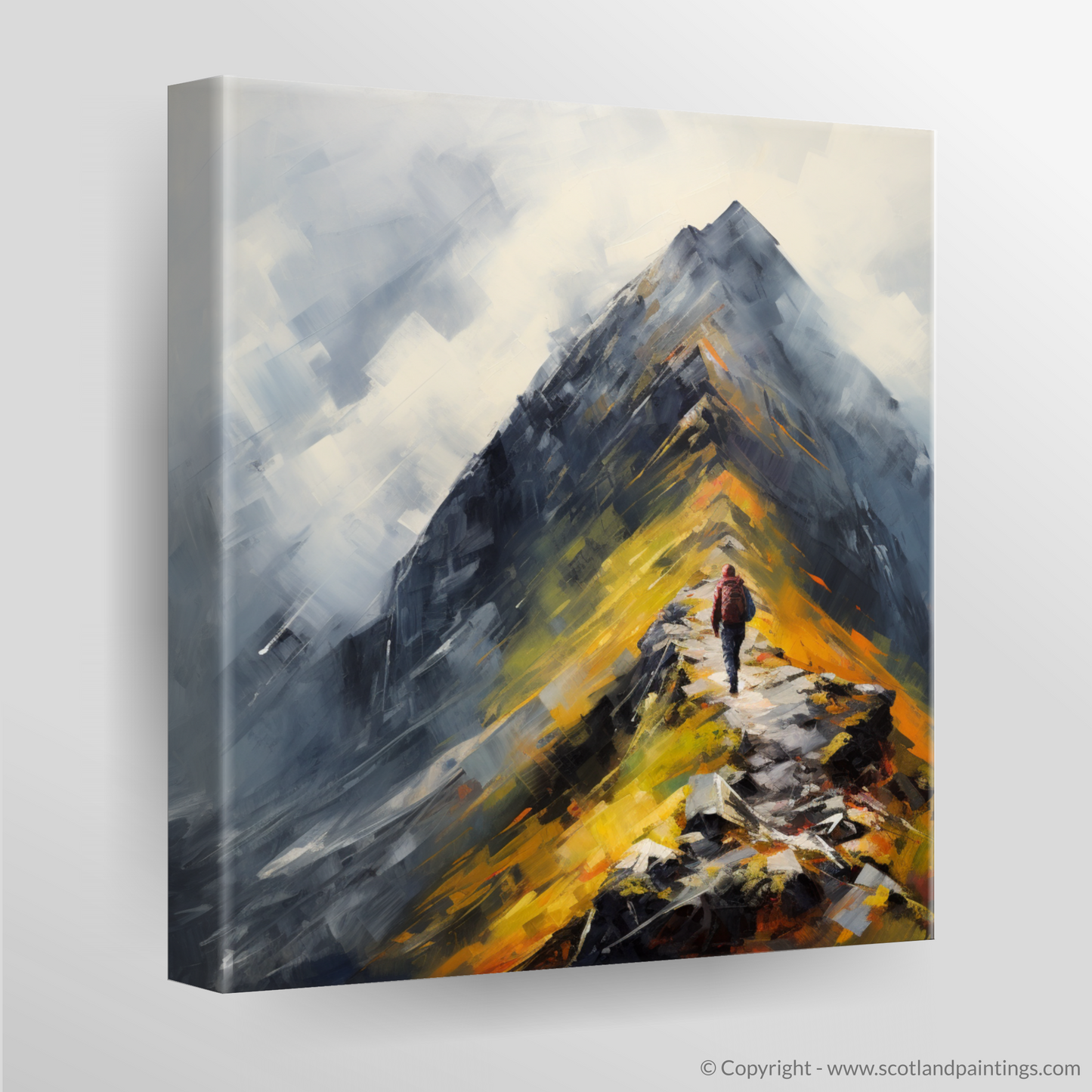 Canvas Print of Climber ascending misty peak in Glencoe