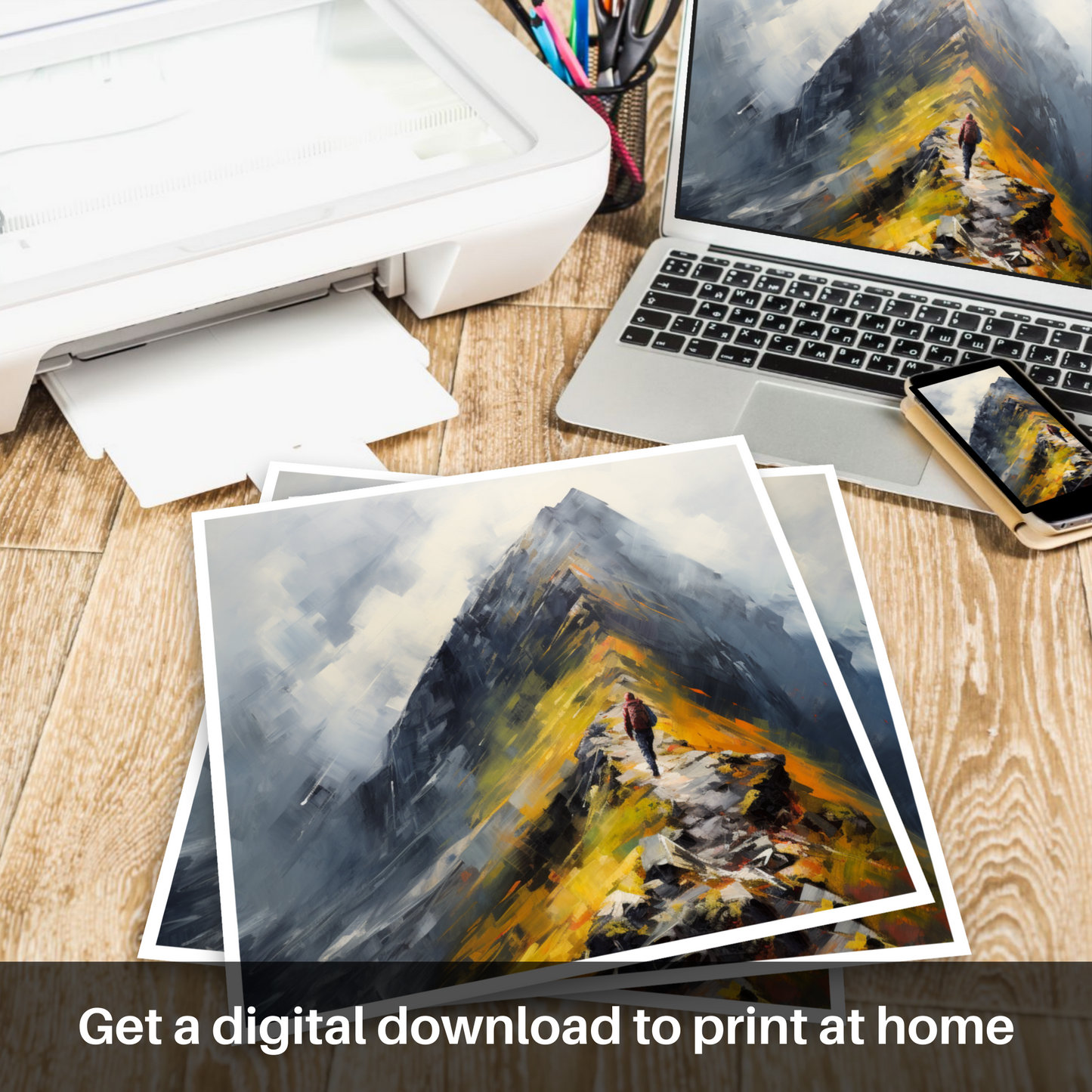 Downloadable and printable picture of Climber ascending misty peak in Glencoe