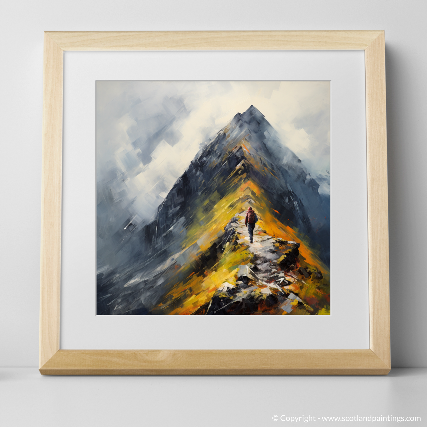 Art Print of Climber ascending misty peak in Glencoe with a natural frame