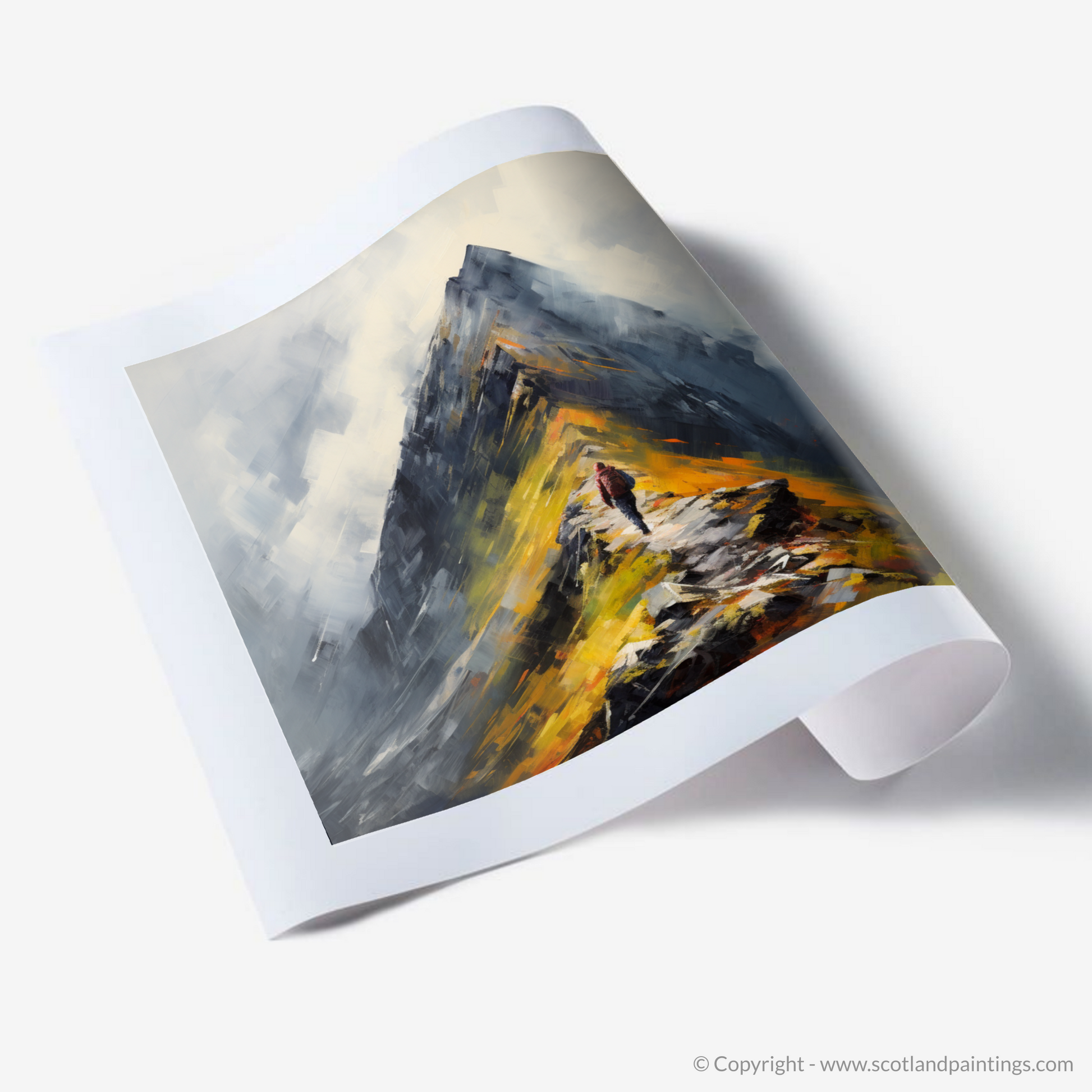 Art Print of Climber ascending misty peak in Glencoe