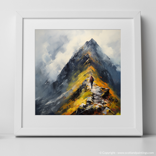 Art Print of Climber ascending misty peak in Glencoe with a white frame