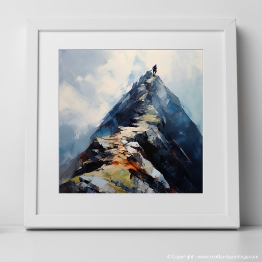 Art Print of Climber ascending misty peak in Glencoe with a white frame