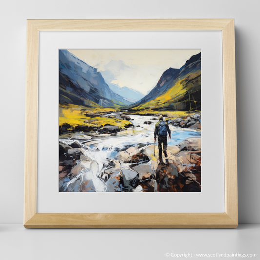 Painting and Art Print of Walker crossing River Coe in Glencoe. Walker's Journey Through the Heart of Glencoe.