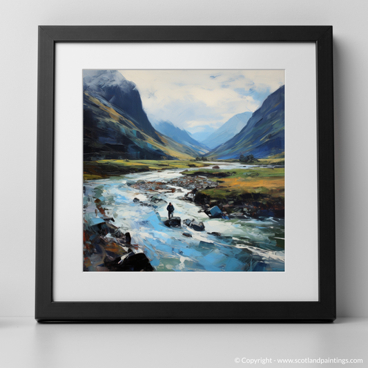 Art Print of Walker crossing River Coe in Glencoe with a black frame