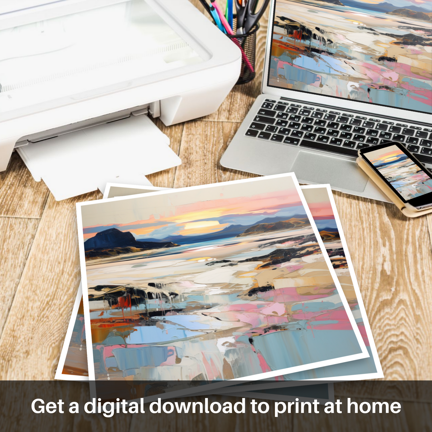 Downloadable and printable picture of Mellon Udrigle Beach at dusk