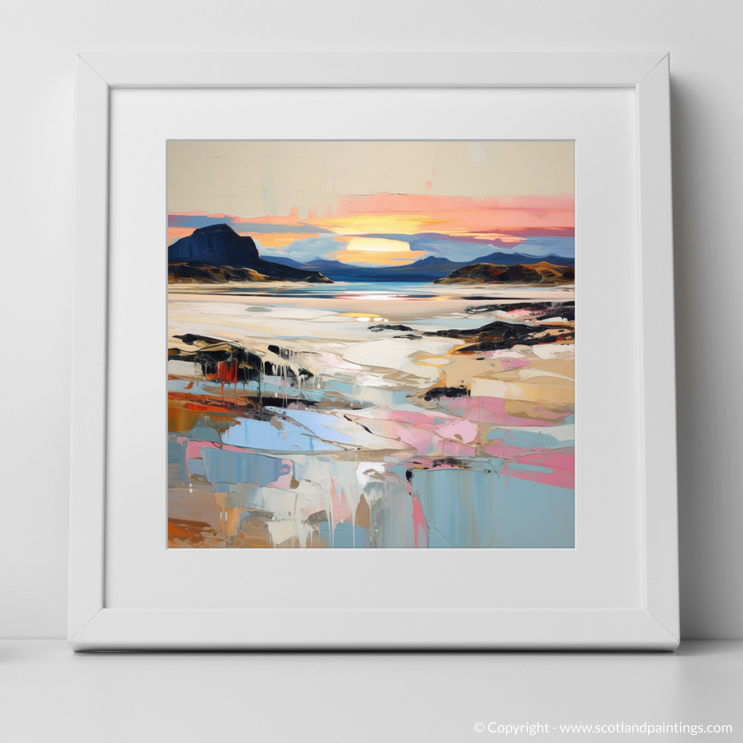 Art Print of Mellon Udrigle Beach at dusk with a white frame