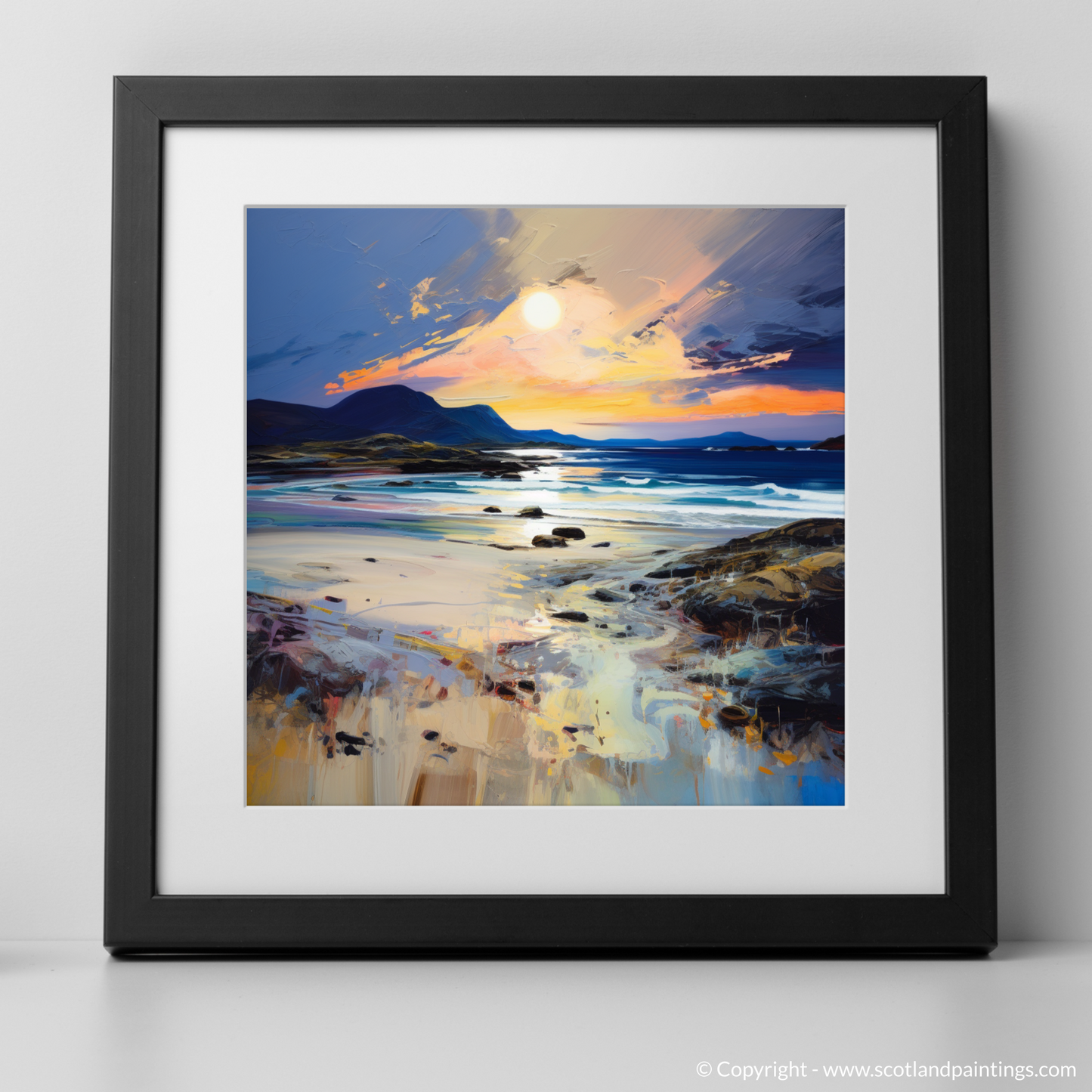 Art Print of Mellon Udrigle Beach at dusk with a black frame