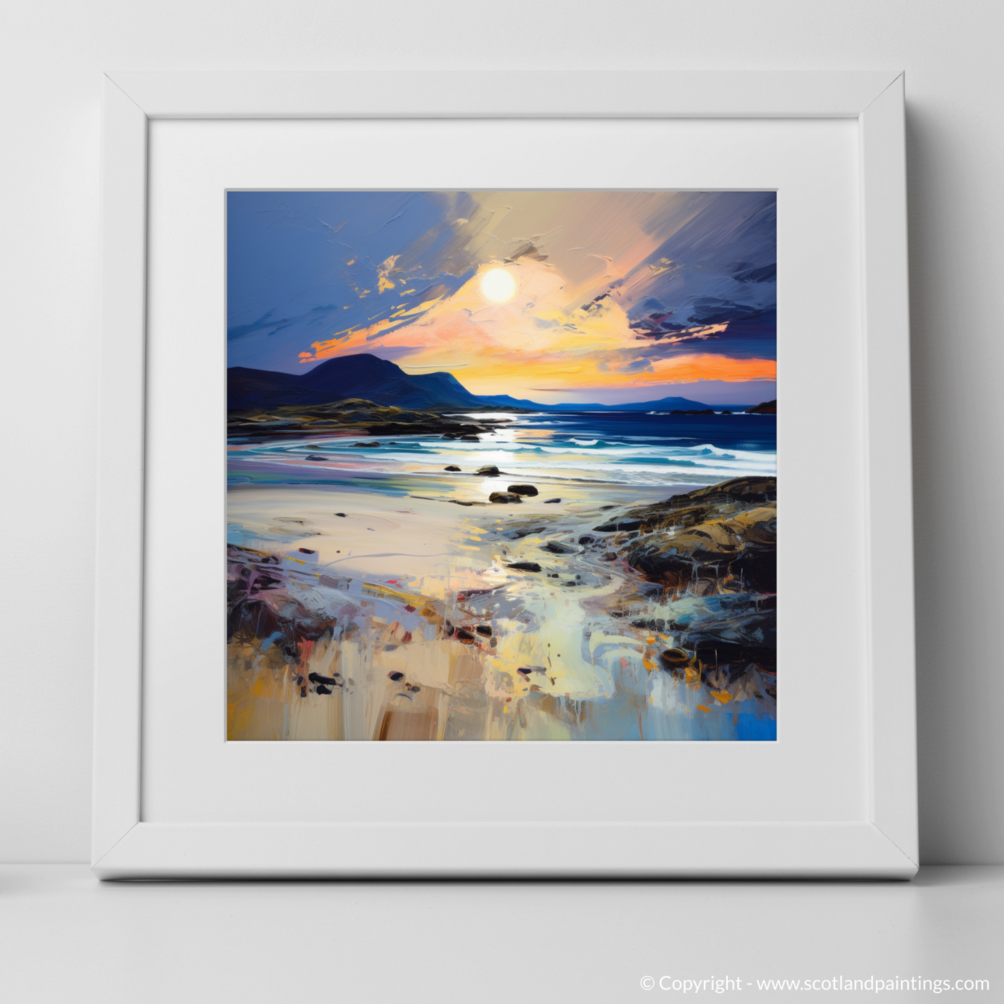 Art Print of Mellon Udrigle Beach at dusk with a white frame