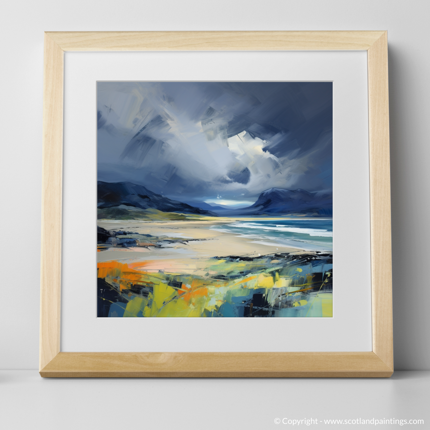 Painting and Art Print of Scarista Beach with a stormy sky. Storm's Embrace: An Expressionist Ode to Scarista Beach.