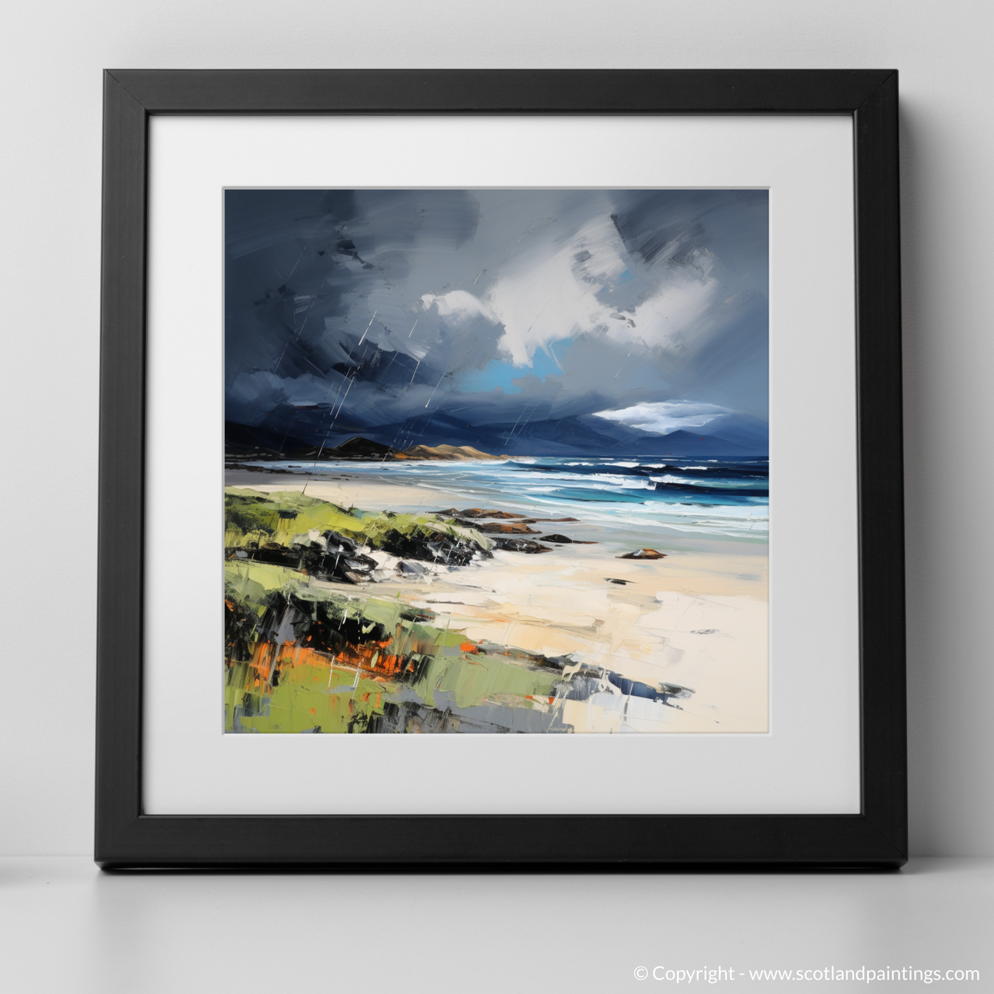 Painting and Art Print of Scarista Beach with a stormy sky. Storm's Embrace at Scarista Beach: An Expressionist Homage.
