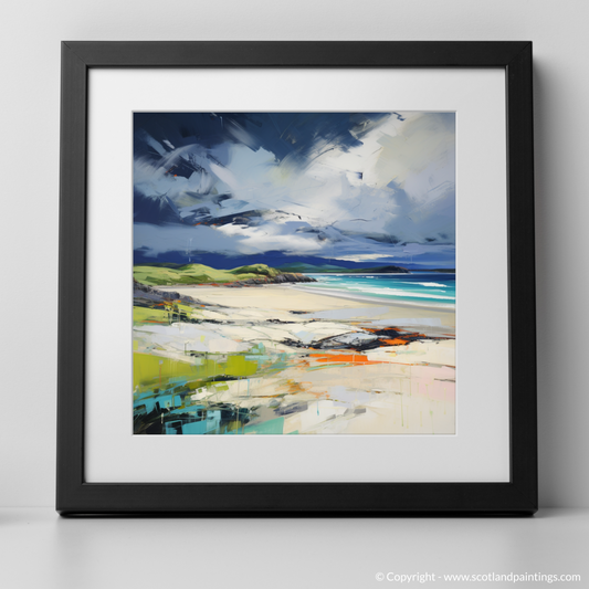 Art Print of Scarista Beach with a stormy sky with a black frame